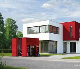 Modernes Haus mit großem Fenster und rotem Gartenhaus. Fahrräder/Sportgeräte sind darin sichtbar.