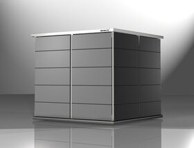 . Ein modernes, graues Gartenhaus mit reflektierendem Boden.