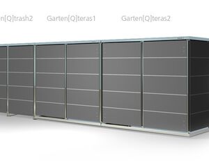 . Lange, moderne Gartenlagerbox mit mehreren Fächern, ideal für Mülltonnen und Aufbewahrung auf der Terrasse.
