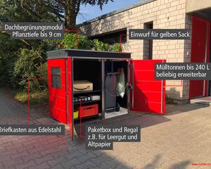 . Rote Mülltonnenbox mit Dachbegrünung, Briefkasten, Paketbox, gelber Sack Einwurf und erweiterbarem Müllplatz.