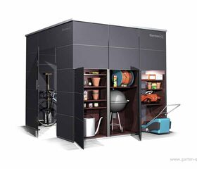 . Gartenhaus mit Stauraum für Fahrrad, Grill, Gießkanne, Blumentöpfe und einen Rasenmäher.