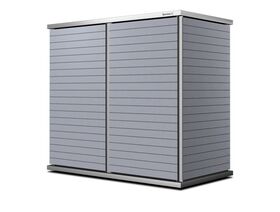 Ein grauer Gartenschrank mit zwei Türen und horizontalen Linien.