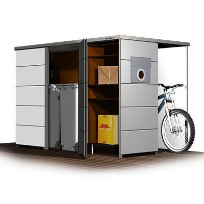Mülltonnenbox mit Paketkasten und Briefkasten