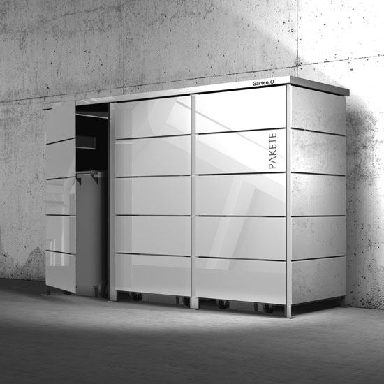 Mülltonnenbox aus Metall und Glas